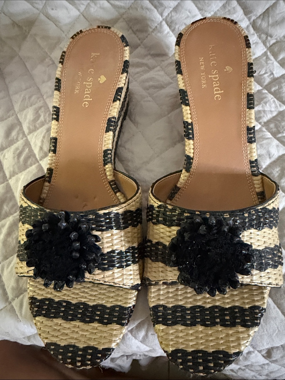 kate spade Black and Natural Striped Wedge Slides with Black Floral Pom